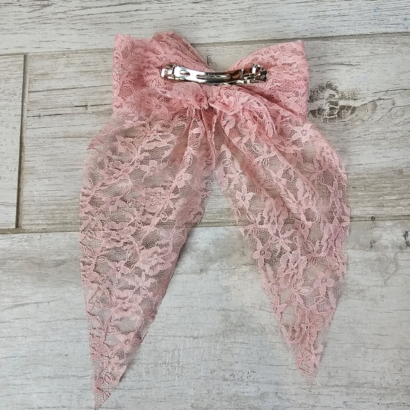 Pink Lace Hair Bow Barrette Accessory - Picture 8 of 9
